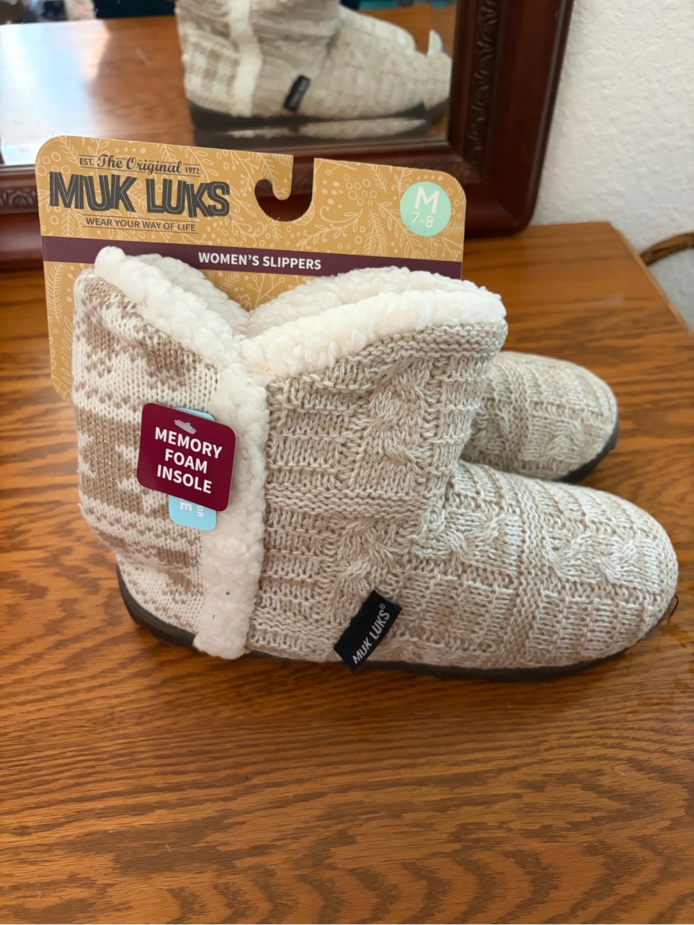 Muk Luks Women's Cream Knit Memory Foam Slipper Booties